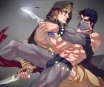  2boys abs arabian_clothes armband bare_shoulders black_hair blonde_hair cloak crotchless crotchless_panties dagger dio_brando harem_pants highres hood jewelry jojo_no_kimyou_na_bouken knife kujo_jotaro large_pectorals less_end male_focus mouth_veil multiple_boys muscular muscular_male panties pants pectorals revealing_clothes reverse_grip ring stardust_crusaders tiara translucent underpec underwear veil weapon 