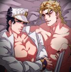  bare_pectorals black_hair blonde_hair diamond_wa_kudakenai dio_brando hat jojo_no_kimyou_na_bouken kujo_jotaro large_pectorals less_end long_coat muscular muscular_male on_bed pectorals scar scar_on_neck selfie_stick stardust_crusaders topless_male yaoi 