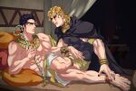  2boys absurdres alternate_costume anklet armlet barefoot black_hair black_nails blonde_hair bracelet cape dio_brando egyptian_clothes highres jewelry jojo_no_kimyou_na_bouken kujo_jotaro large_pectorals leotard less_end lying multiple_boys muscular muscular_male neck_ring no_hat no_headwear on_side pectorals pillow shendyt shepherd&#039;s_crook staff topless_male usekh_collar yaoi 
