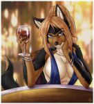  absurd_res alcohol anthro beverage blue_eyes canid canine canis classy clothing domestic_dog dress female german_shepherd hair herding_dog hi_res humanoid inner_ear_fluff mammal morgore paige_(tits) pastoral_dog ponytail scar solo tuft v-cut wine 