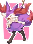  1girl alternate_color animal_ear_fluff animal_ears animal_feet animal_hands animal_nose black_fur body_fur border braixen commentary fang flat_chest fox_ears fox_girl fox_tail furry furry_female hand_on_hip highres looking_at_viewer mian_(3zandora) open_mouth outline outside_border pink_background pokemon pokemon_(creature) purple_fur red_eyes shiny_pokemon simple_background snout solo stick tail white_border white_fur white_outline 