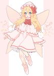  1girl artist_name bangs blonde_hair blue_eyes blush boots bow bowtie brown_flower capelet commentary_request dress eyebrows_visible_through_hair fairy_wings flower flying frills hair_between_eyes hair_bow hat highres lily_white long_hair long_sleeves looking_to_the_side necono_(nyu6poko) open_mouth pink_background pink_capelet pink_dress pink_flower pink_footwear pink_headwear red_bow red_bowtie red_flower solo star_(symbol) touhou white_background wide_sleeves wings yellow_flower 