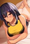  1girl ass bangs bare_arms bare_shoulders bed_sheet blush bottomless breasts collarbone eyebrows_visible_through_hair feet_out_of_frame hair_between_eyes huyumitsu large_breasts long_hair looking_at_viewer lying on_bed on_stomach original parted_lips purple_hair sidelocks smile solo sports_bra sweat tan tanlines yellow_eyes 