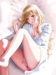  1girl absurdres bangs barbell_piercing bare_legs barefoot bed_sheet between_legs blonde_hair blush breasts cleavage colored_tips ear_piercing earrings fake_nails gradient_hair gyaru hand_between_legs hand_up highres ikyu_valiant_valentine jewelry kitagawa_marin knees_up long_hair looking_at_viewer lying medium_breasts multicolored_hair on_side panties parted_lips pendant piercing pillow pink_nails pink_panties red_eyes shiny shiny_hair shirt solo sono_bisque_doll_wa_koi_wo_suru sunlight swept_bangs thighs underwear white_shirt 