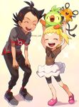  1boy 1girl :d antenna_hair arms_up bangs bike_shorts black_hair blonde_hair blush bonnie_(pokemon) brown_shirt chitozen_(pri_zen) closed_eyes commentary_request dedenne eyelashes goh_(pokemon) grey_footwear grey_shirt grookey happy highres medium_hair on_head open_mouth pants pink_footwear pokemon pokemon_(anime) pokemon_(creature) pokemon_on_head pokemon_swsh_(anime) pokemon_xy_(anime) red_legwear shirt shoes short_sleeves skirt smile socks sparkle teeth tongue twitter_username upper_teeth watermark white_skirt 