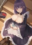  1girl bottle breasts cleavage cosplay gothic_lolita hairband hairband_removed highres holding holding_bottle kitagawa_marin large_breasts lolita_fashion looking_at_viewer on_stairs open_mouth purple_eyes purple_hair sitting solo sono_bisque_doll_wa_koi_wo_suru wei_xiao 
