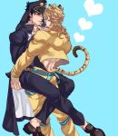  2boys animal_ears backless_leotard black_hair blonde_hair cropped_jacket dio_brando face-to-face hat heart highres holding_person jojo_no_kimyou_na_bouken kujo_jotaro leg_lock less_end long_coat male_focus multiple_boys muscular muscular_male rabbit_ears rabbit_tail stardust_crusaders tail tiger_ears tiger_tail yaoi 