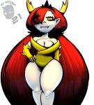  2021 5_fingers absurd_res armwear big_breasts breasts cleavage clothed clothing crown curvaceous curvy_figure demon disney elbow_gloves fangs female fingers gloves hair hair_over_eye handwear hekapoo hi_res horn horned_humanoid humanoid long_hair looking_at_viewer n-kosi one_eye_obstructed pupils red_hair signature simple_background slit_pupils solo star_vs._the_forces_of_evil thick_thighs tiara voluptuous white_background white_body white_skin wide_hips yellow_eyes 