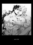  2boys bare_pectorals birthmark coat cum_on_chest dio_brando drooling french_kiss greyscale hand_on_hip highres implied_anal joestar_birthmark jojo_no_kimyou_na_bouken kiss kujo_jotaro large_pectorals less_end male_focus monochrome multiple_boys muscular muscular_male naked_coat no_hat no_headwear pectorals scar scar_on_face spread_legs stardust_crusaders topless_male yaoi 