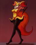  2022 4:5 anthro big_breasts black_body black_fur black_legs braixen breasts canid canine digital_media_(artwork) digital_painting_(artwork) featureless_breasts female fluffy fluffy_tail fur hands_behind_head hi_res inner_ear_fluff looking_at_viewer mammal nintendo paradoxing pok&eacute;mon pok&eacute;mon_(species) pose red_body red_eyes red_fur red_nose seductive simple_background smile solo stick thick_thighs tuft video_games white_body white_fur wide_hips yellow_body yellow_fur 