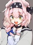  1girl :d animal_ears arknights bangs black_hairband blue_bow bow braid breasts cat_ears collar eyebrows_visible_through_hair goldenglow_(arknights) grey_background hair_bow hairband highres jacket lightning_bolt_print long_hair looking_at_viewer meyou084 open_clothes open_jacket open_mouth pink_hair shirt side_braid simple_background sketch smile solo sweatdrop upper_body white_jacket white_shirt yellow_eyes 