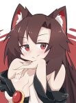  1girl absurdres animal_ear_fluff animal_ears bangs breasts brown_hair cleavage closed_mouth fang fingernails highres imaizumi_kagerou large_breasts long_fingernails long_hair long_sleeves looking_at_viewer off_shoulder red_eyes red_nails skin_fang smile solo touhou upper_body wolf_ears yayuyoyayuyo 
