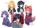  5girls :&gt; absurdres animal_ears antenna_hair bangs black_hair blonde_hair blood blood_on_face blue_hair breasts commission cropped_legs cropped_torso drill_hair fox_ears fox_girl fox_tail freckles green_hair grin hair_between_eyes hair_ornament hair_over_one_eye hairclip highres hood hood_down hoodie long_hair multiple_girls neck_ribbon original pale_skin pointy_ears popopoka puffy_short_sleeves puffy_sleeves red_eyes red_hoodie ribbon shiny shiny_hair short_hair short_sleeves small_breasts smile tail teeth tongue tongue_out upper_body 