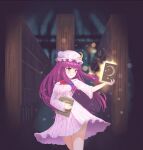  1girl bangs book bow glowing hair_bow hexunart highres holding holding_book indoors library long_hair long_sleeves nightgown open_mouth pajamas purple_eyes purple_hair solo tatara_kogasa touhou 