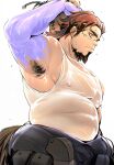  1boy bags_under_eyes bara boogeyman_(housamo) brown_hair colored_skin commentary_request facial_hair goatee highres isuke long_sideburns male_focus mature_male multicolored_hair muscular muscular_male purple_skin red_eyes scar scar_on_face sideburns solo tokyo_afterschool_summoners 