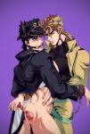  2boys animal_ears bit_gag black_hair blonde_hair bottomless cat_tail cuffs cum cum_on_ass dio_brando fake_animal_ears gag handcuffs highres horse_ears jacket jojo_no_kimyou_na_bouken kujo_jotaro less_end long_coat mullet multiple_boys muscular muscular_male paw_wand pixel_art stardust_crusaders tail turtleneck yaoi yellow_jacket 