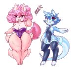  anthro blasticussaturn blue_body blue_hair breasts canid canine cleavage clothed clothing countershading dragon duo female fur hair hi_res larger_female legwear leotard male mammal pink_body pink_eyes pink_fur pink_hair poofy_hair size_difference thick_thighs thigh_highs wide_hips 