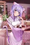  2girls animal_ear_fluff animal_ears apron bangs blurry blurry_background bowl breasts cat_ears cat_girl cat_tail chocolate depth_of_field eyebrows_visible_through_hair eyes_visible_through_hair food frilled_apron frills holding holding_bowl hololive hoso-inu indoors inugami_korone japanese_clothes kananote kimono looking_at_viewer medium_breasts multiple_girls nekomata_okayu onigiri purple_eyes purple_hair purple_kimono ribbon-trimmed_sleeves ribbon_trim solo_focus standing tail tail_raised utensil_in_mouth virtual_youtuber white_apron 