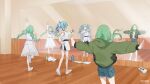  &gt;_&lt; &gt;o&lt; 3girls absurdres angel_hair_(vocaloid) aqua_hair arm_up belt black_belt blue_eyes blue_hair blue_shorts bottle braid clenched_hand closed_mouth commentary_request creator_connection dance_studio dancing denim denim_shorts dilemma_(vocaloid) dress earrings eyewear_removed from_behind full_body green_eyes green_hair green_jacket hairband hatsune_miku heart heart_earrings heterochromia high-waist_shorts highres jacket jewelry long_hair long_sleeves low_twintails mirror multi-tied_hair multicolored_hair multiple_girls multiple_persona outstretched_arms pearl_hair_ornament puffy_long_sleeves puffy_sleeves red_eyes reflection rozu_ki see-through_sleeves shirt shoes shorts socks standing standing_on_one_leg streaked_hair sunglasses towel twintails u_(vocaloid) very_long_hair vocaloid water_bottle white_dress white_footwear white_hairband white_legwear white_shirt white_shorts wooden_floor 