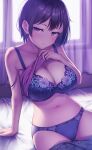  1girl absurdres arm_support blue_bra blue_panties bra breasts cleavage commentary curtains english_commentary highres large_breasts lifted_by_self looking_at_viewer matched_underwear navel nya-c original panties purple_eyes purple_hair short_hair sitting solo underwear window 