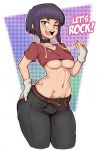  1girl artist_name bangs black_pants blunt_bangs boku_no_hero_academia breasts choker collarbone crop_top denim english_text fingerless_gloves gloves hand_in_pocket jakuson_z jeans jirou_kyouka long_earlobes looking_at_viewer medium_breasts navel one_eye_closed open_mouth pants purple_hair short_hair short_sleeves smile solo star_(symbol) stomach thick_thighs thighs underboob white_background white_gloves 