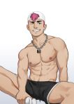  1boy abs bara chain hat koji_(wildlhz) large_pectorals lock male_focus mature_male muscular muscular_male navel_hair nipples nose_piercing ori original pectoral_cleavage pectorals piercing r shorts smile socks thick_eyebrows 