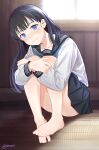  1girl absurdres akebi-chan_no_serafuku barefoot black_hair black_skirt blue_eyes formal highres long_hair neru school_uniform serafuku sitting skirt smile solo suit uniform white_suit 