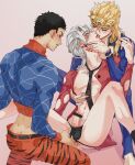  anal_fingering animal_print argyle argyle_sweater bar_censor black_hair blonde_hair braid bug censored clothing_cutout covered_testicles crop_top cum_on_chest earrings erection fingering food-themed_earrings french_kiss group_sex guido_mista highres jacket jewelry jojo_no_kimyou_na_bouken kiss ladybug midriff mmm_threesome narancia_ghirga necktie nipples no_hat no_headwear open_clothes open_jacket pannacotta_fugo silver_hair spread_legs strawberry_earrings sweater thong threesome tiger_print turtleneck vento_aureo white_hair wuziky00 yaoi 