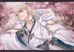  1boy black_gloves blush cherry_blossoms gloves japanese_clothes katana long_hair male_focus partially_fingerless_gloves sheath solo sword touken_ranbu tsurumaru_kuninaga unsheathing weapon white_hair wuziky00 yellow_eyes 