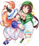  2girls akikawa_yayoi_(umamusume) animal_on_head anniversary bangs banned_artist bass_clef beamed_eighth_notes black_legwear blowing_kiss blue_eyes blue_flower blue_footwear blue_jacket blue_rose bowler_hat brown_hair cat cat_on_head coat confetti cropped_jacket dress eighth_note fang floating_hair flower folding_fan full_body green_coat green_eyes green_footwear green_headwear hand_fan hat hayakawa_tazuna holding holding_fan jacket kittysuit loafers long_hair looking_at_viewer multiple_girls musical_note nacht nontraditional_playboy_bunny on_head one_eye_closed open_mouth orange_hair rose shoes skin_fang socks strappy_heels umamusume white_dress white_legwear 