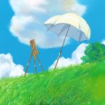  blue_sky bush canvas_(object) cloud derivative_work field furumiya-underson grass highres kaze_tachinu nature no_humans outdoors scenery screencap_redraw sky studio_ghibli summer sun umbrella white_umbrella 