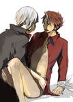  2boys amakusa_juuza bdsm blush bondage bottomless bound bound_wrists brown_eyes clothed_on_nude gm highres multiple_boys open_clothes open_mouth open_shirt red_hair red_shirt shirt silver_hair sweat tied tied_up umineko_no_naku_koro_ni ushiromiya_battler yaoi 