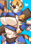  &lt;3 abs absurd_res anthro arknights aspirindabaitu big_breasts black_hair blonde_hair blue_background breasts clothing felid female fingerless_gloves gloves hair handwear hi_res hip_armor holding_object holding_sword holding_weapon hypergryph looking_at_viewer mammal melee_weapon muscular muscular_anthro muscular_female navel one_eye_closed open_mouth pantherine shield short_hair simple_background solo studio_montagne sword tiger under_boob waaifu_(arknights) weapon white_body white_hair wink yellow_body yellow_eyes 