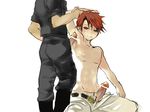  2boys amakusa_juuza armpit armpit_sex armpits erection gm male male_focus multiple_boys penis red_eyes red_hair sitting topless umineko_no_naku_koro_ni uniform unzipped ushiromiya_battler yaoi 