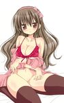  blush bra breasts cleavage covering highres lingerie sitting smile underwear 