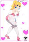  1girl absurdres animal_ears ass ass_focus bare_shoulders blonde_hair blue_eyes breasts dress earrings high_heels highres jewelry kaos_art large_breasts long_hair looking_at_viewer looking_back mario_(series) pantyhose playboy_bunny princess_peach rabbit_ears solo thighs 