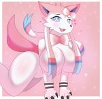  all_fours anthro big_(disambiguation) breasts butt convenient_censorship eeveelution felid feline female fur hair hi_res looking_at_viewer mammal nintendo pink_body pink_fur pok&eacute;mon pok&eacute;mon_(species) pose ribbons smile solo sylveon text video_games white_body white_fur whiteyonggari_(artist) 