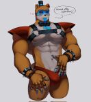  animatronic anthro blue_nails bodypaint bow_tie bracelet chest_harness clothed clothing clothing_lift colored_nails face_paint five_nights_at_freddy&#039;s five_nights_at_freddy&#039;s:_security_breach glamrock_chica_(fnaf) harness hat headgear headwear hi_res jewelry kato200_0 machine male mammal nails navel nipples robot scottgames shoulder_pads simple_background solo speech_bubble spiked_bracelet spikes suggestive top_hat underwear ursid ursine video_games white_background 