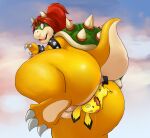  2016 anthro between_butt between_buttocks bowser bracelet butt claws collar crossgender dizzy_eyes duo fangs female genitals hair hi_res jewelry looking_back mario_bros nintendo one_leg_up open_mouth pichu pok&eacute;mon pok&eacute;mon_(species) pussy raised_leg raised_tail rear_view shell shenzel size_difference spiked_bracelet spiked_collar spikes video_games 