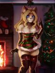  anthro blonde_hair blue_eyes breasts cheese_quesadilla christmas christmas_tree clothing felid female general-irrelevant gesture gloves hair handwear hi_res holidays holly_(plant) inside legwear looking_at_viewer mammal plant pointing pointing_up smile solo thigh_highs tree 