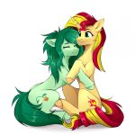  buvanybu cutie_mark duo earth_pony embrace equestria_girls equid equine eyes_closed female feral fur green_body green_fur hi_res horn horse hug looking_at_another mammal my_little_pony pony simple_background smile sunset_shimmer_(eg) unicorn wallflower_blush_(eg) white_background yellow_body yellow_fur 
