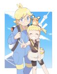  1boy 1girl ahoge backpack bag bangs bike_shorts blonde_hair blue_eyes blue_jumpsuit blush_stickers bonnie_(pokemon) border brown_shirt clemont_(pokemon) closed_eyes closed_mouth dedenne eyelashes glasses grin highres holding_strap jumpsuit looking_at_viewer mei_(maysroom) on_head pokemon pokemon_(anime) pokemon_(creature) pokemon_on_head pokemon_xy_(anime) round_eyewear shirt short_hair shoulder_bag skirt sleeveless sleeveless_shirt smile teeth v white_bag white_border white_skirt yellow_bag 