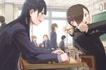  black_hair blue_eyes boku_no_kokoro_no_yabai_yatsu brown_eyes brown_hair desk highres ichikawa_kyoutarou keychain kobayashi_chihiro_(bokuyaba) looking_at_another looking_back school_uniform sekine_moeko sitting yamada_anna yoshida_serina zumisan3 