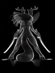  anthro antlers black_background dual_wielding female fur general-irrelevant hair hi_res holding_katana holding_object holding_weapon hooves horn hybrid insect_wings katana melee_weapon mits_(character) nude rear_view simple_background sword weapon wings 