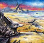  2021 ambiguous_gender anthro canid canine cloud colorful desert elkir fennec fox mammal mountain painting_(artwork) rock ruins sculpture statue traditional_media_(artwork) warm_colors watercolor_(artwork) zero_pictured 