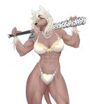  2021 5_fingers abs anthro arm_tattoo athletic athletic_anthro athletic_female baseball_bat bat_(object) bra breasts canid canine canis chinese_crested_dog cleavage clothed clothing domestic_dog female fingers fur_bra fur_thong gem hair hairless hairless_dog hi_res holding_baseball_bat humanoid_hands jewelry looking_at_viewer mammal mature_anthro mature_female nails navel necklace niconico pearl_(gem) pearl_necklace portrait shoulder_tattoo simple_background sixty skimpy smile solo studded_baseball_bat tattoo thong three-quarter_portrait toy_dog underwear white_background white_hair 