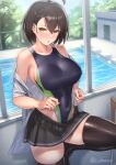  1girl azur_lane baltimore_(azur_lane) bare_shoulders black_legwear breasts brown_hair clothes_pull competition_swimsuit cuboon highleg highleg_swimsuit knee_up large_breasts looking_at_viewer one-piece_swimsuit open_clothes open_shirt partially_undressed pool shirt short_hair skindentation skirt skirt_pull solo sweat swimsuit thick_thighs thighhighs thighs wet yellow_eyes 