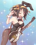  1girl :d animal_ears bangs black_bow black_bowtie black_leotard blue_background bob_cut bow bowtie breasts brown_eyes brown_hair commentary_request fake_animal_ears fake_tail fishnet_legwear fishnets guitar hair_ribbon hairband highres holding holding_instrument instrument large_breasts leotard looking_at_viewer one_eye_closed open_mouth playboy_bunny rabbit_ears rabbit_tail ribbon short_hair smile solo sparkle_background suzumiya_haruhi suzumiya_haruhi_no_yuuutsu sweat taiki_(6240taiki) tail yellow_hairband 