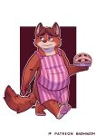  2021 badwagon_(artist) belly big_belly blue_eyes brown_hair bulge canid canine dessert disney food fox fur gideon_grey hair male mammal orange_body orange_fur overweight overweight_male pawpads pie pink_pawpads solo tan_body tan_fur walking zootopia 