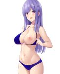  1girl bangs bikini blue_bikini breasts collarbone highres large_breasts long_hair looking_at_viewer marui_koishi navel nipples one_breast_out open_mouth original parted_bangs purple_eyes purple_hair simple_background smile solo swimsuit white_background 